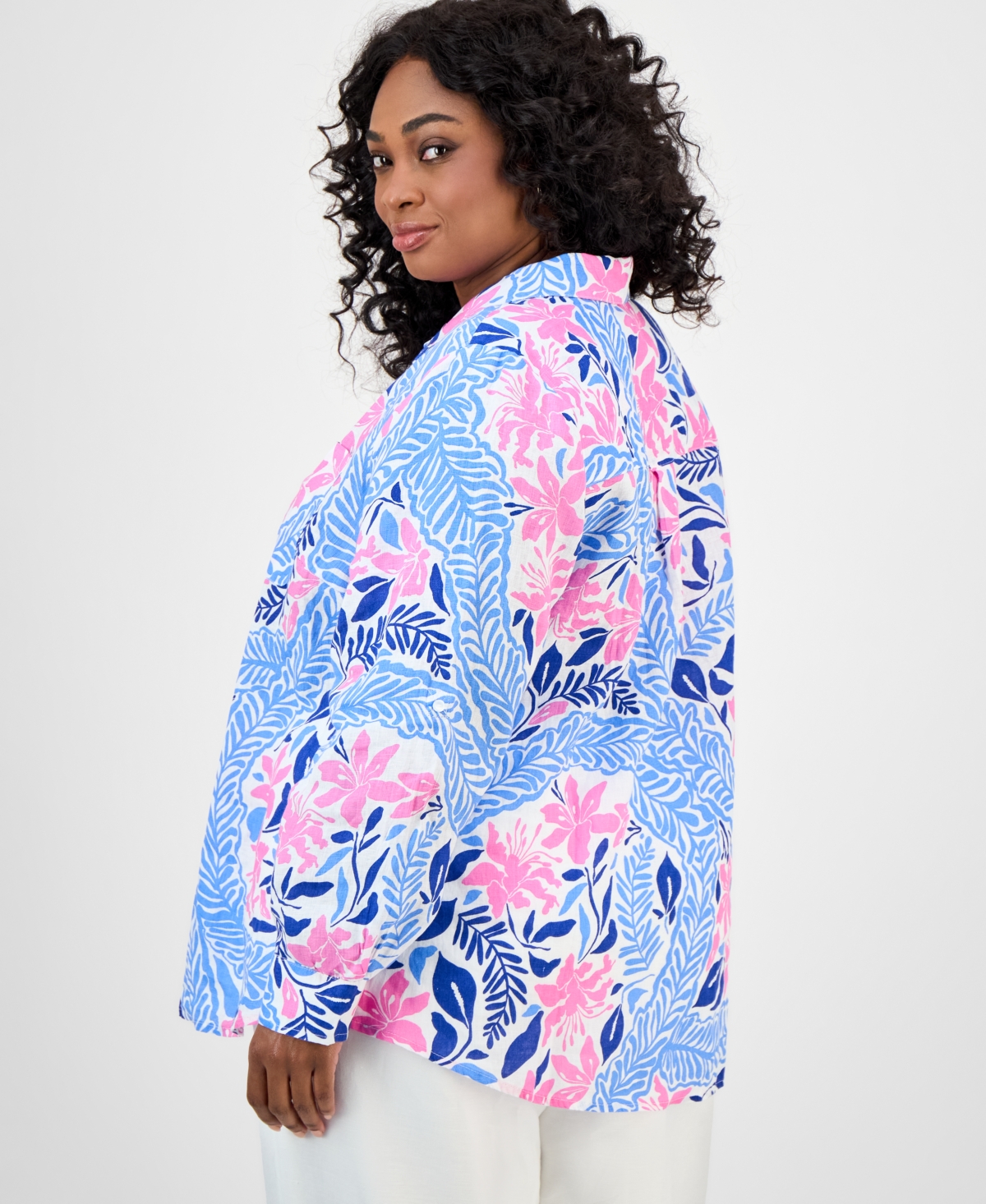 CHARTER CLUB PLUS SIZE PRINTED FLORAL LINEN SHIRT, EXCLUSIVELY AT MACY'S 