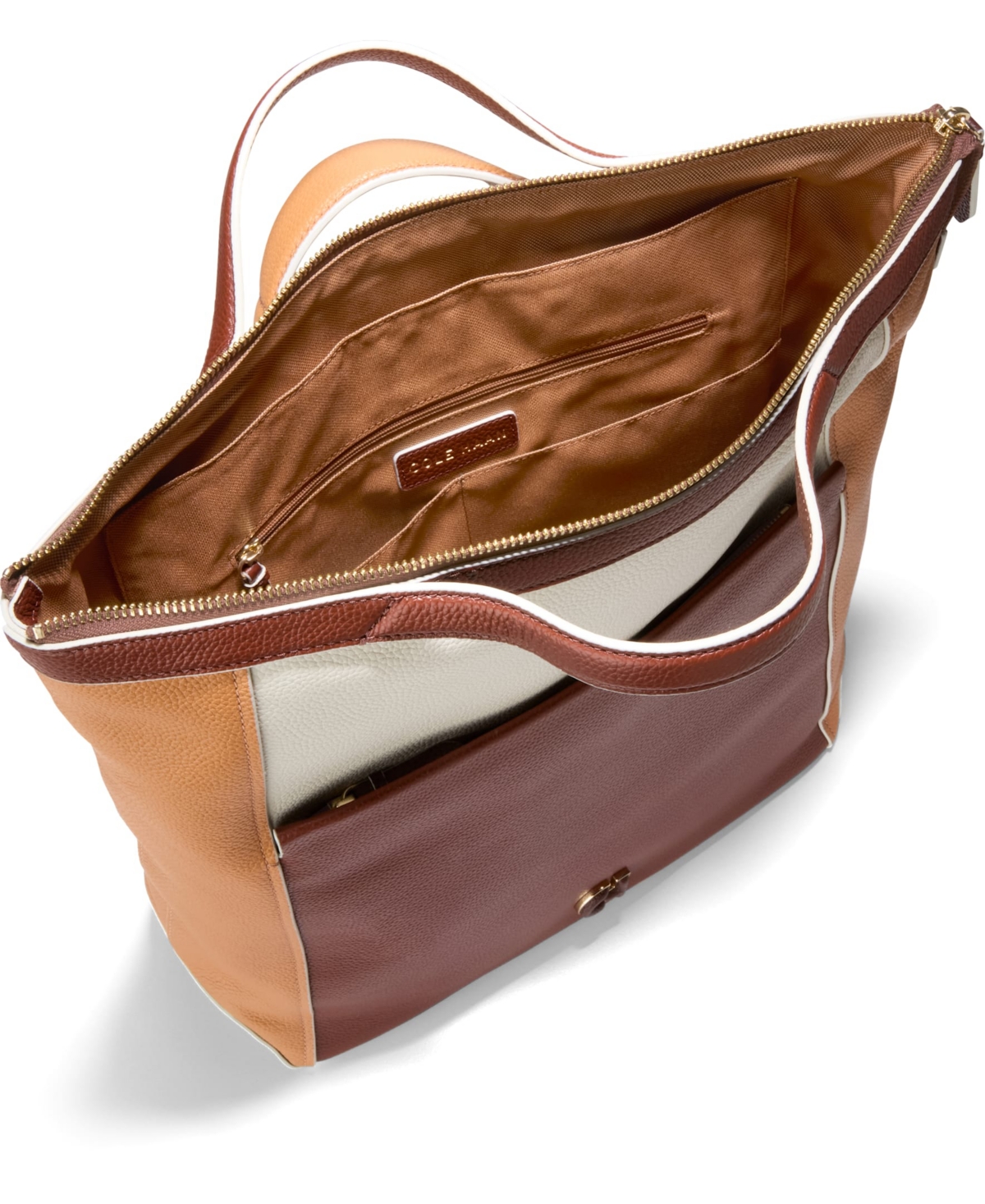 Cole Haan Grand Ambition Large Convertible Backpack Bag In Dark Cuoio Ivory Color Block