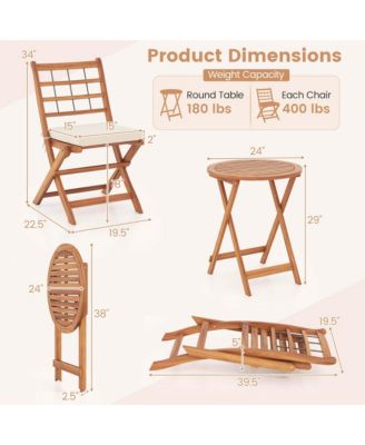 3 PCS Acacia Wood Patio Bistro Set Folding Outdoor Table and Chairs with Cushions