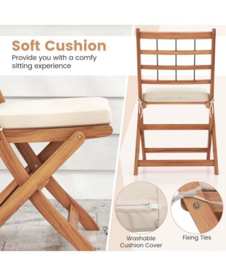 3 PCS Acacia Wood Patio Bistro Set Folding Outdoor Table and Chairs with Cushions