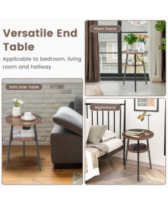 Set of 2 2-Tier Round End Tables with Open Shelf and Triangular Frame