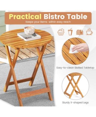 3 PCS Acacia Wood Patio Bistro Set Folding Table & Chairs Set with Cushions