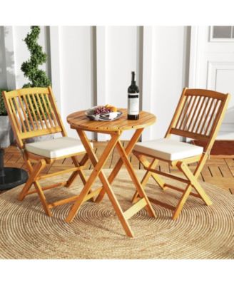 3 PCS Acacia Wood Patio Bistro Set Folding Table & Chairs Set with Cushions
