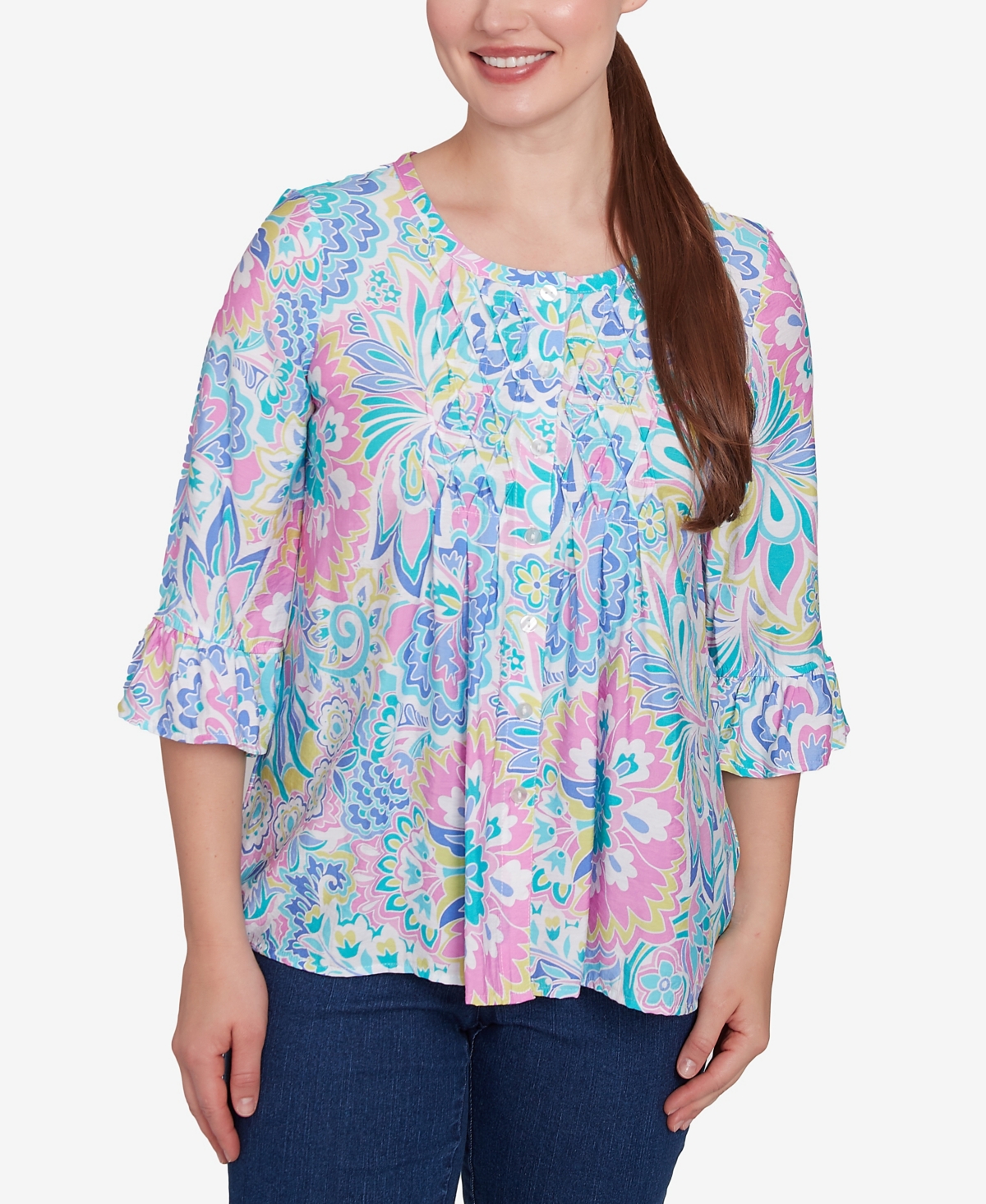 Plus Size Utopian Floral Silky Button Front Top - Capri Blue Multi