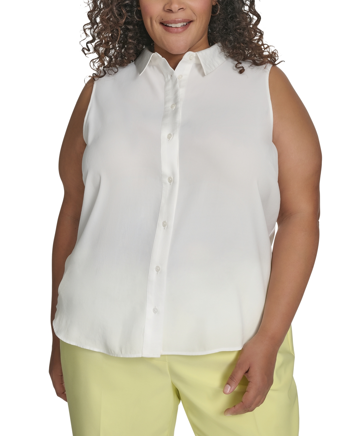 DKNY PLUS SIZE BUTTON-FRONT SLEEVELESS SATIN BLOUSE 