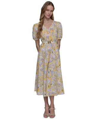 KARL LAGERFELD PARIS - Women's Floral Belted V-Neck Midi Dress