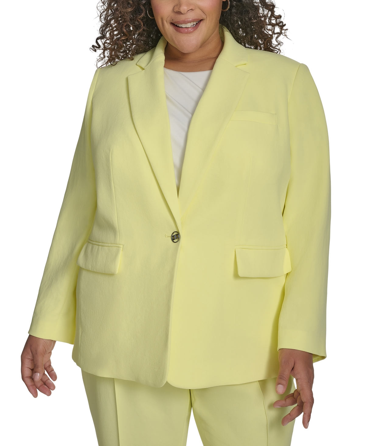 Dkny Plus Size Notched-collar One-button Crepe Blazer In Light Lemon