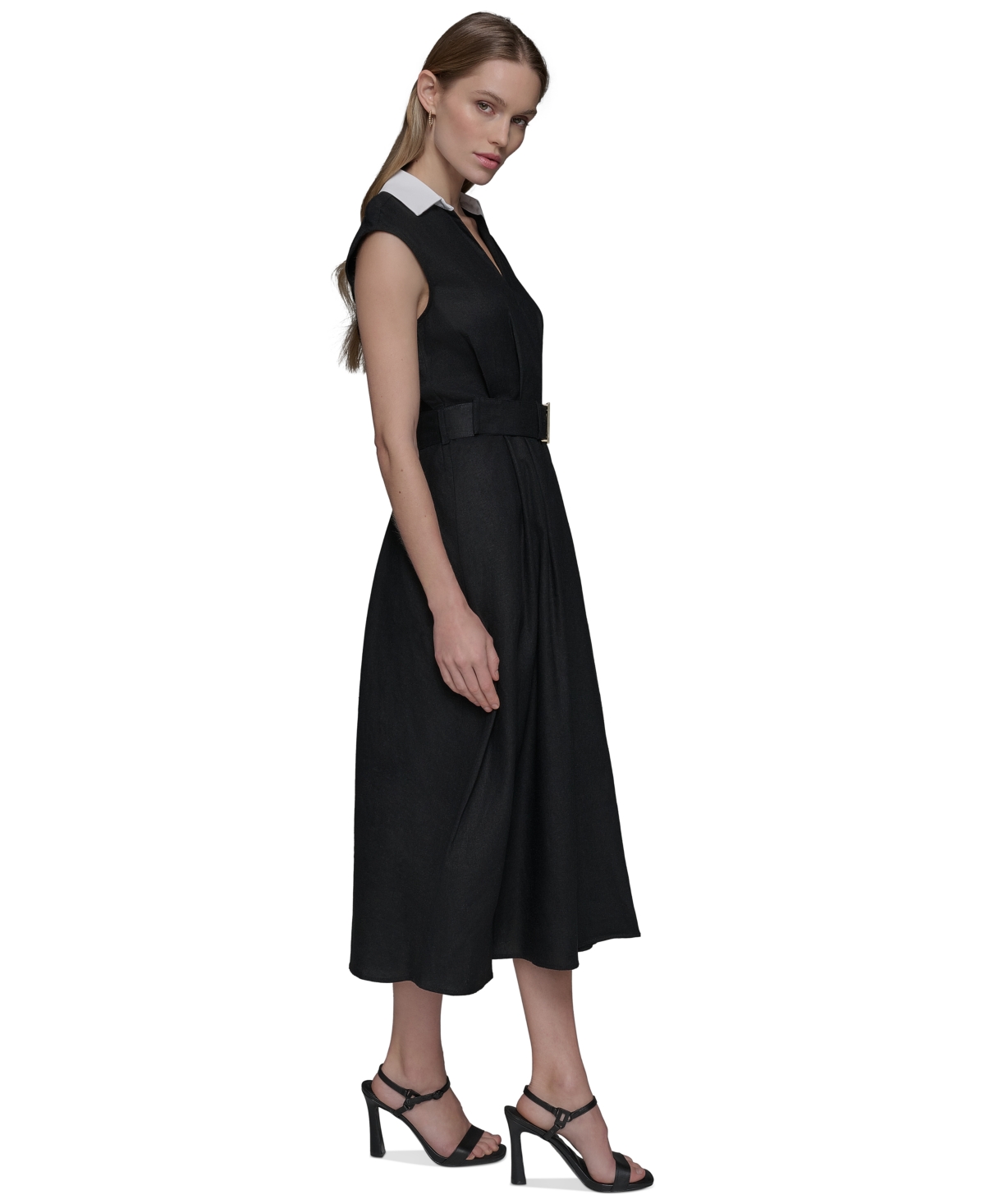 Shop Karl Lagerfeld Women's Belted Short-sleeve Midi Dress In Blk,sft Wt