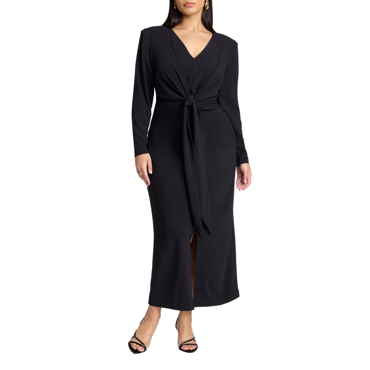 Plus Size Shirred Strong Shoulder Tie Detail Dress - Black onyx
