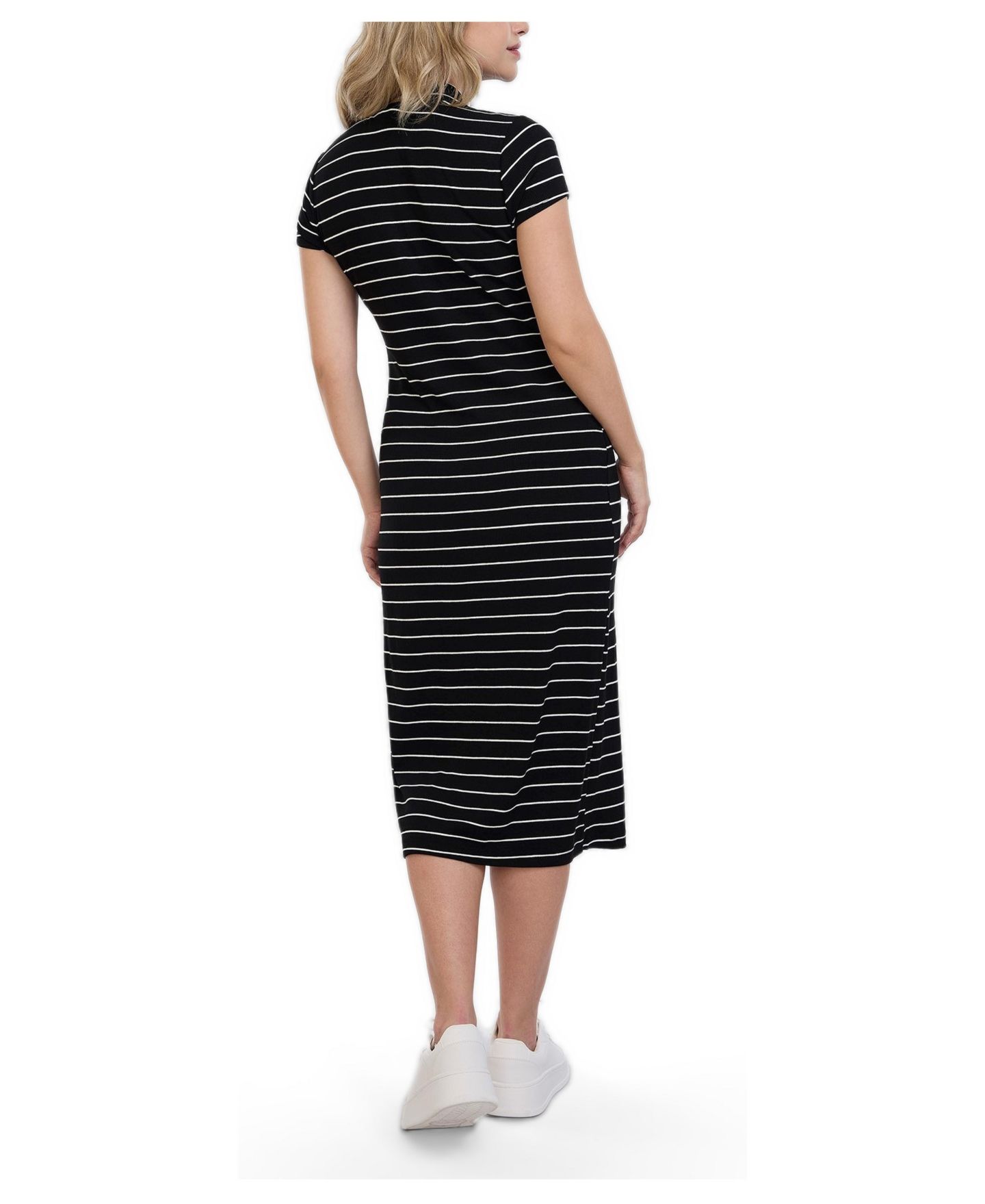 Женское платье Motherhood Maternity Mock Neck Short Sleeve Ribbed Midi Dress - Motherhood, цвет: Чёрный полосатый — фото 2
