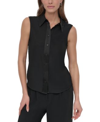 DKNY - Petite Button-Front Sleeveless Satin Blouse