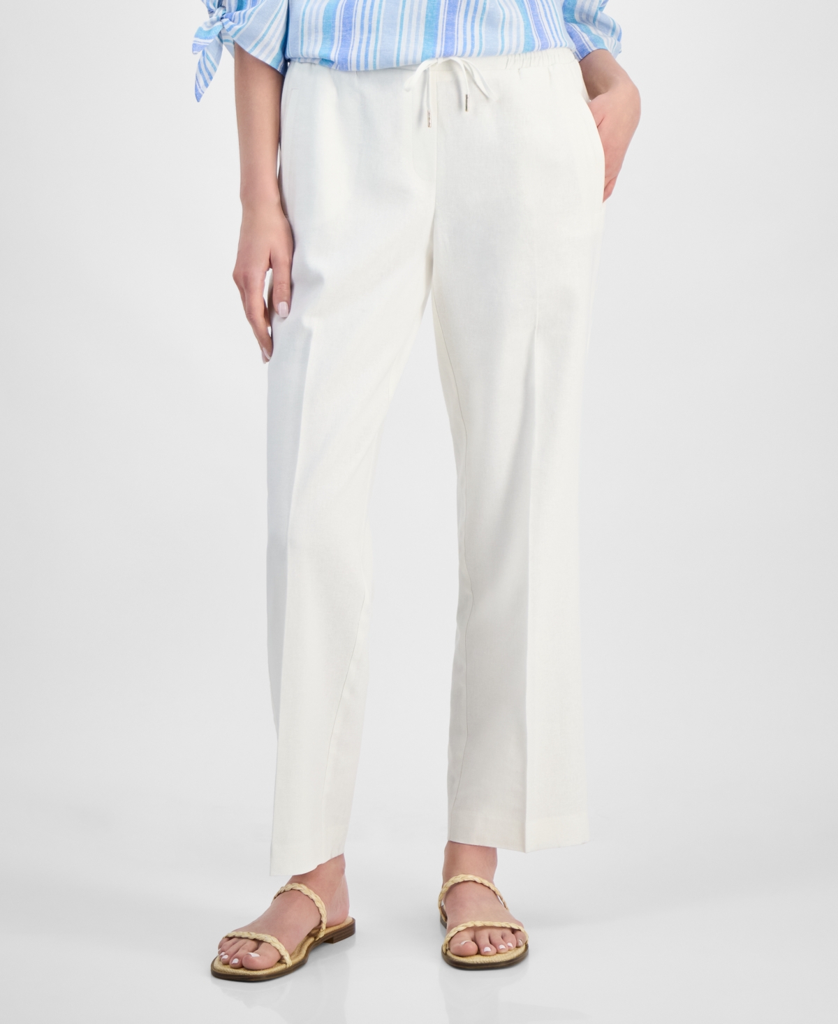 Jones New York Stripe Three Quarter Sleeve Linen Blend V-neck Top In Nyc White