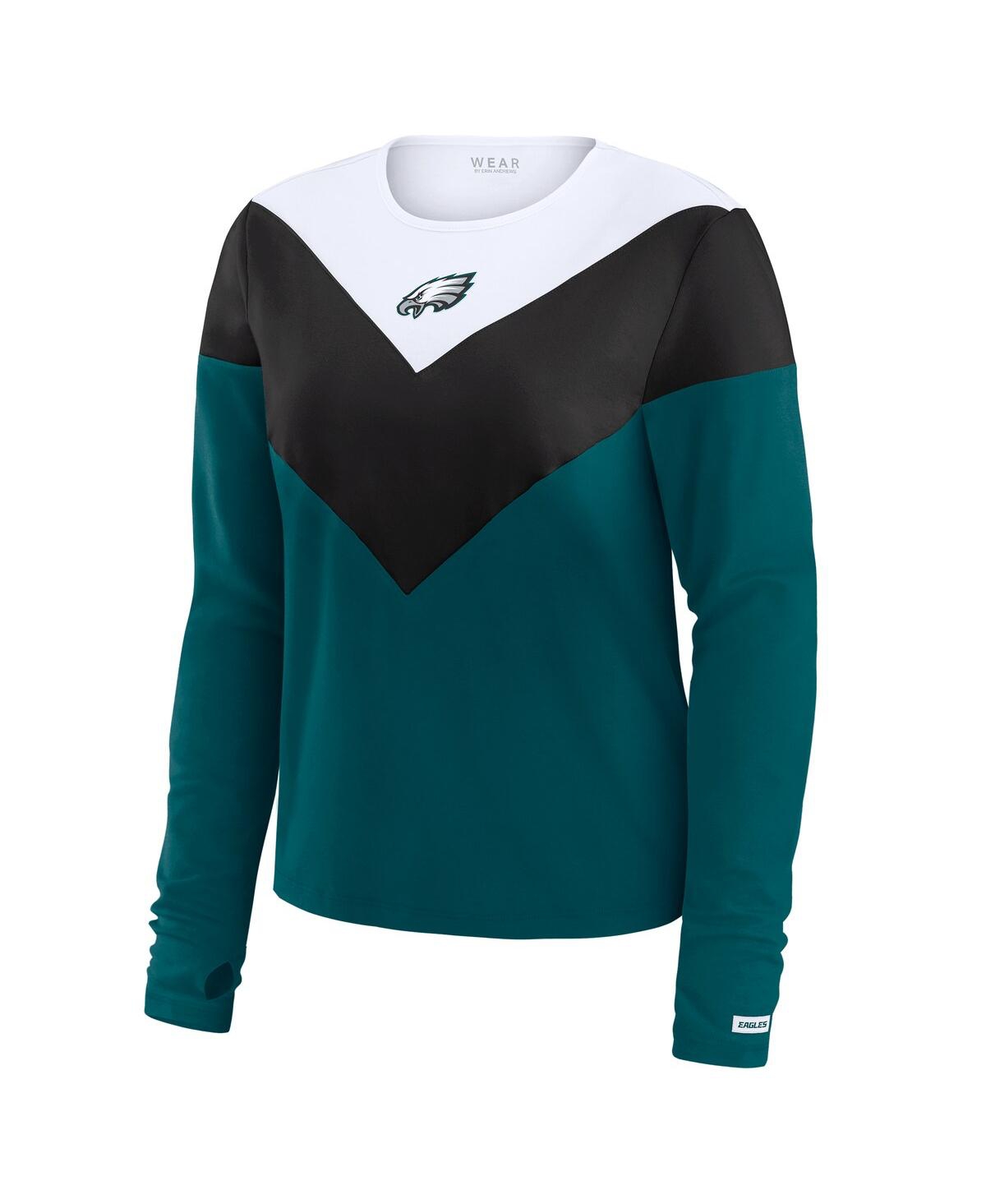 Wear By Erin Andrews Women's Midnight Green/black Philadelphia Eagles Plus Size Chevron Tri-blend Long Sleeve T-shirt In Midnight Green,black