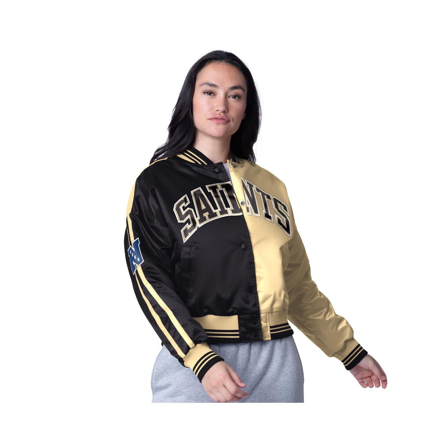 Женская куртка Starter Black/Gold New Orleans Saints Zone Blitz Cropped Full-Snap Satin — фото 1
