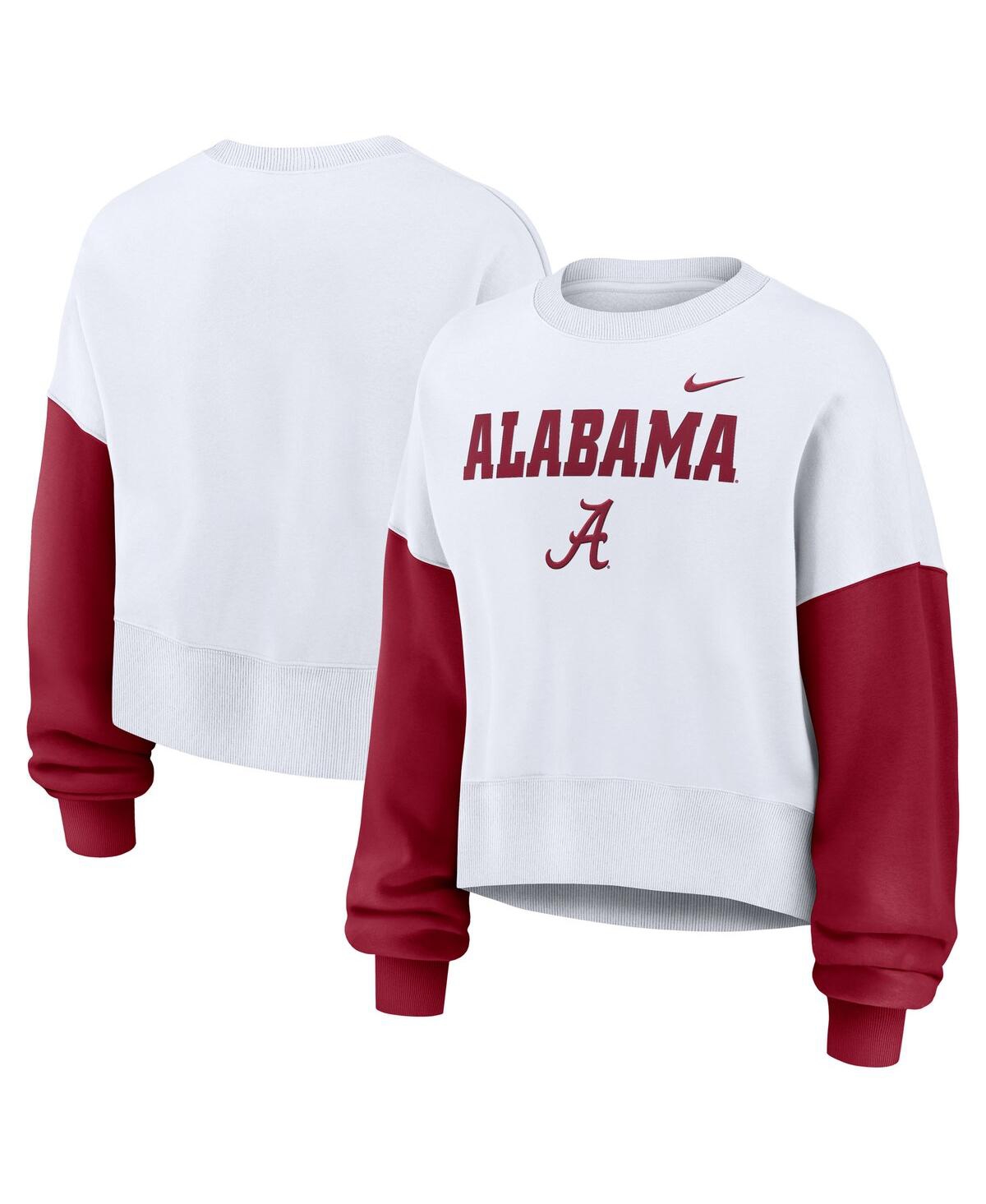 Nike Women's White Alabama Crimson Tide Color Block Oversized Cropped Pullover Sweatshirt In White
