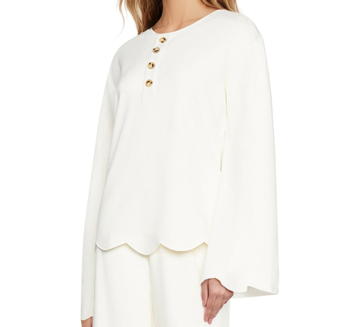 Three Dots Women's Scalloped Bell-sleeve Henley Top In Sugar Swizzle