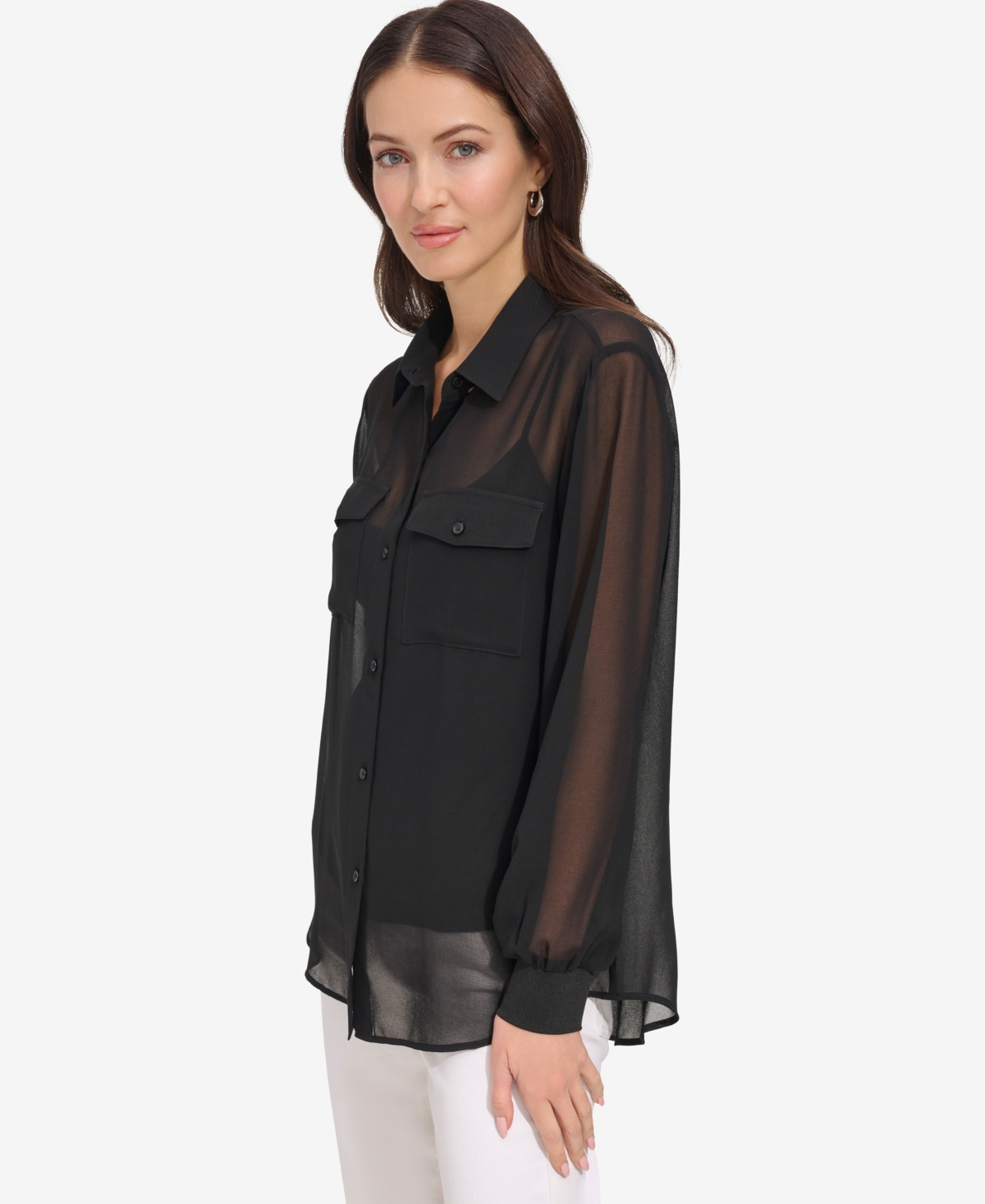 Dkny Chiffon Button-up Shirt In Black