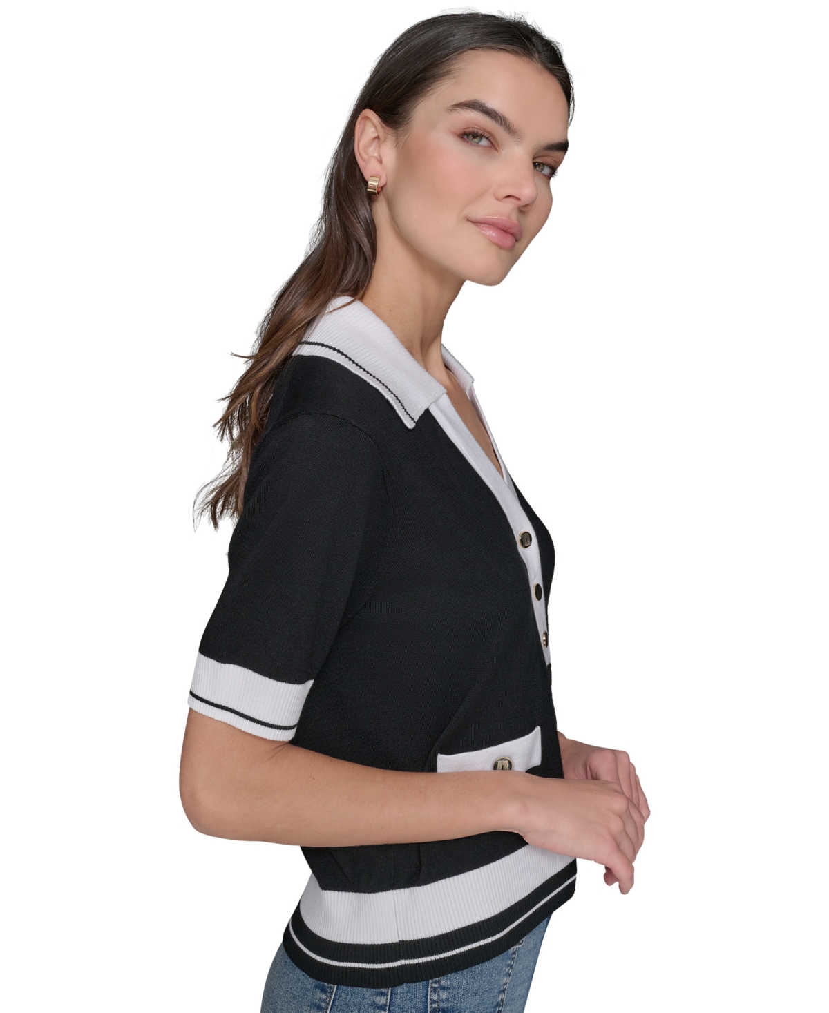 Karl Lagerfeld Petite Short-sleeve Tipped Polo Sweater In Black