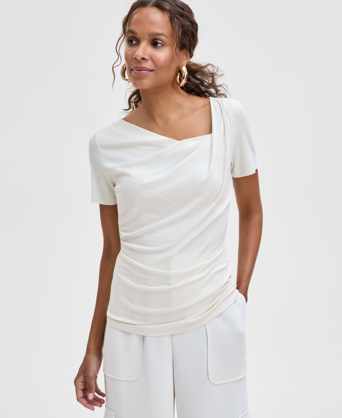 Inc International Concepts Women's Asymmetric-neck Top, Exclusively At Macy's In Vintage Cream