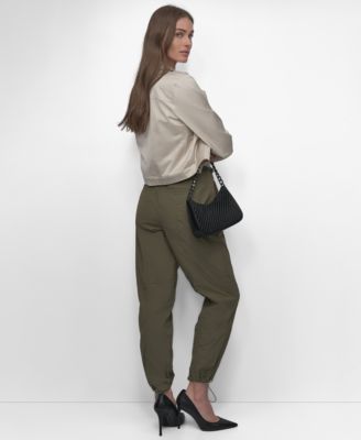 Dkny Womens Sateen Cropped Snap Front Jacket Cutaway Seamless Tank Top Tie Front Cargo Pants In Tea Green
