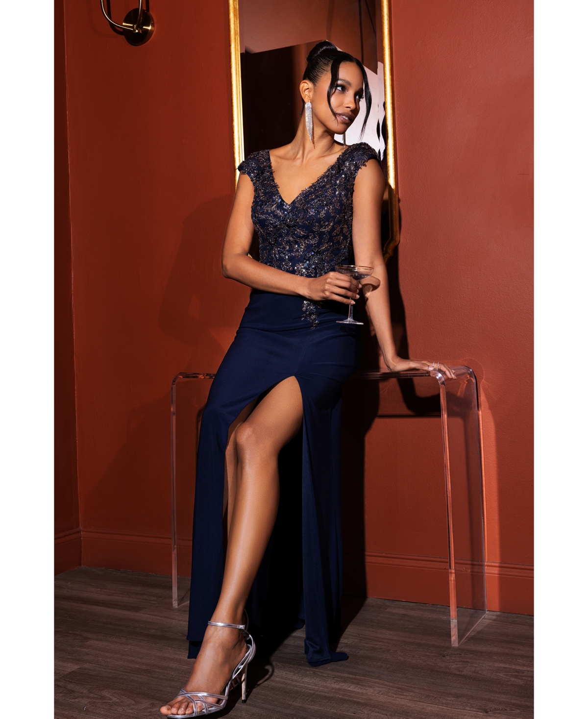 Xscape Women's Embellished V-neck Sleeveless Gown In Navy,gunmetal