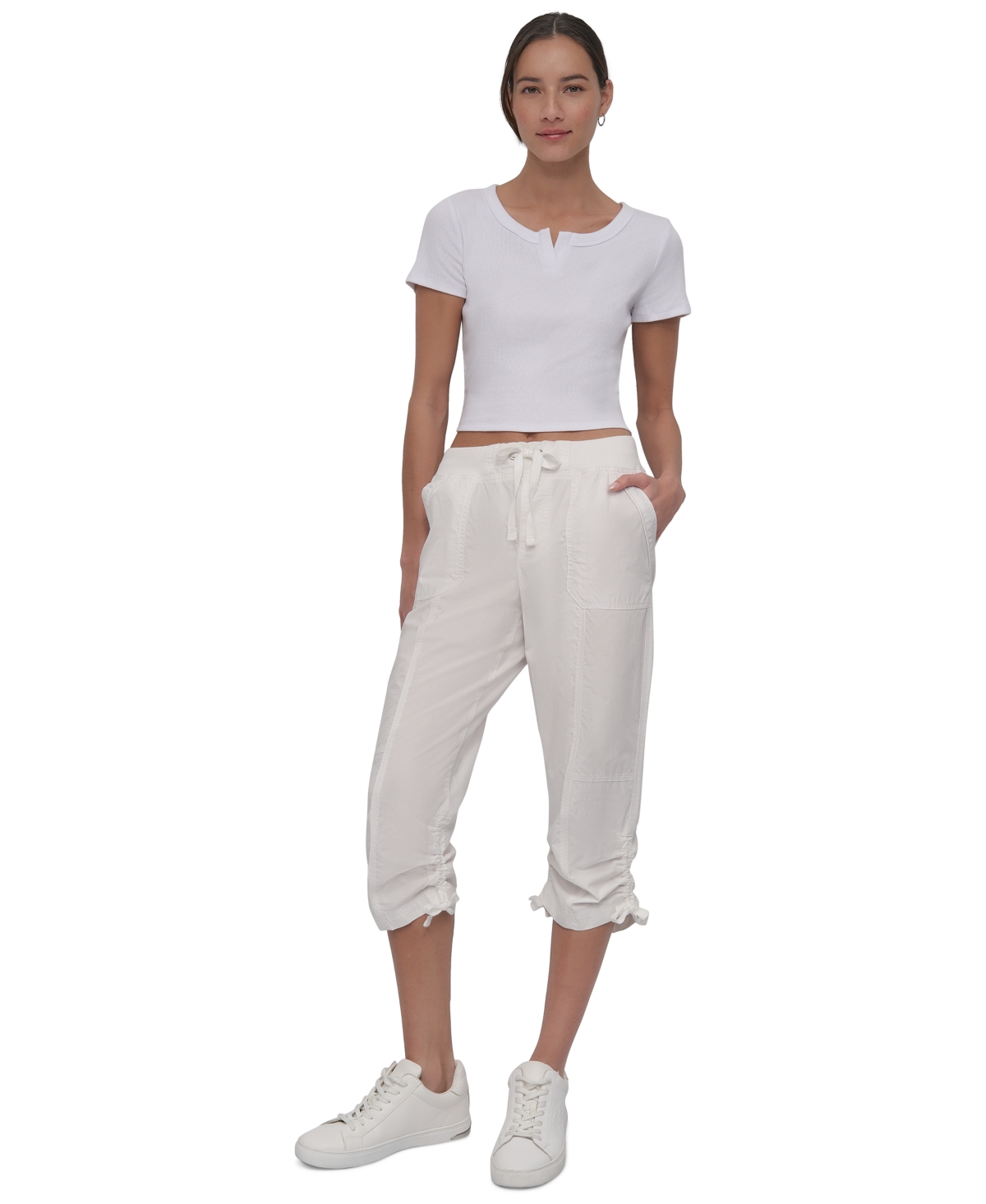 DKNY SPORT WOMEN'S RIBBED NOTCHED-NECK CROPPED T-SHIRT 