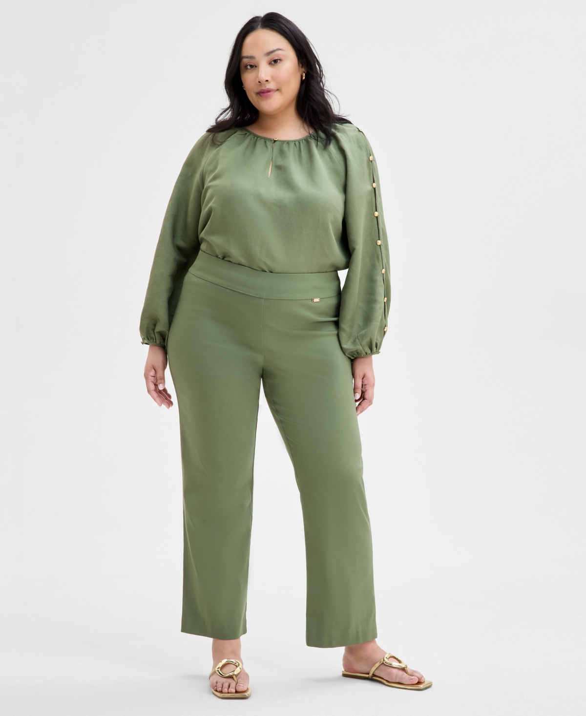 Inc International Concepts Plus Size Mid-rise Pull-on Straight-leg Pants, Created For Macy's In Olivine