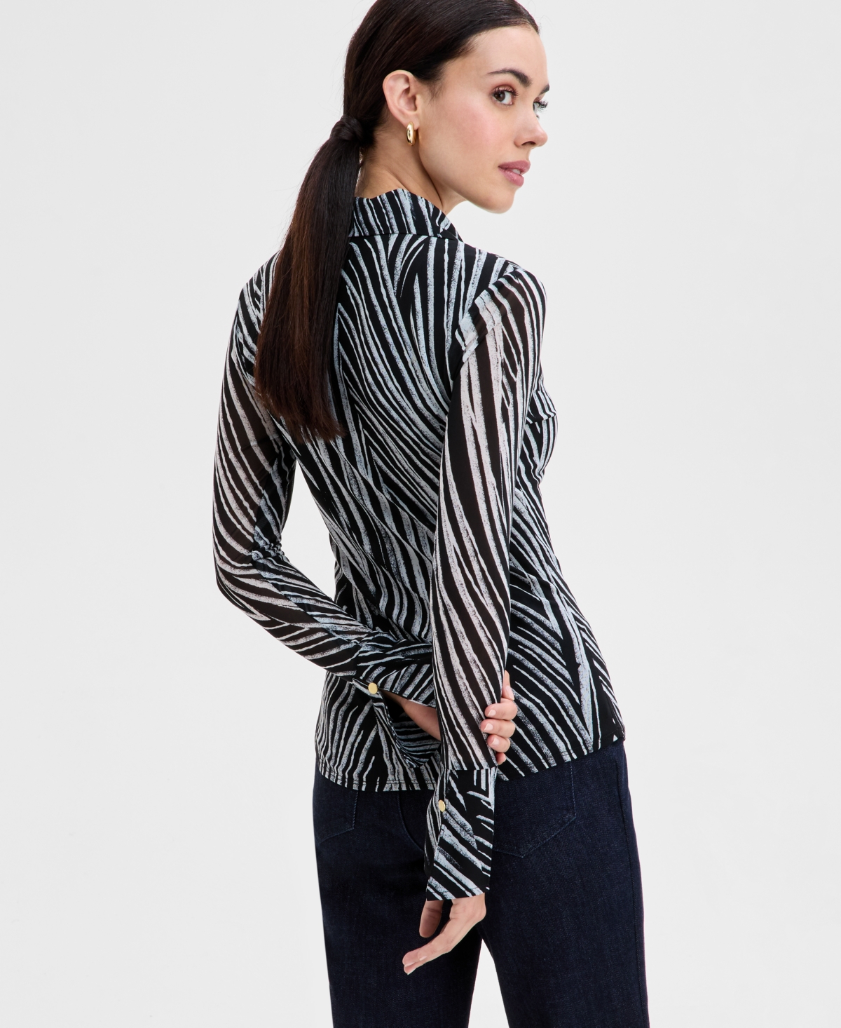 Inc International Concepts Women's Printed Johnny-collar Top, Exclusively At Macy's In Piastripe-