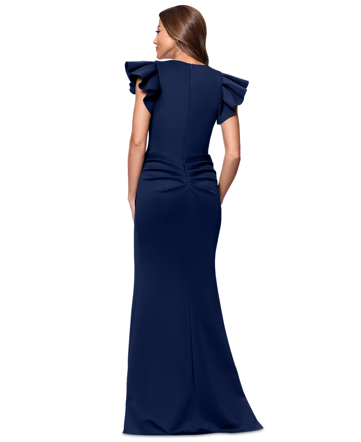 Xscape Plus Size Gathered-waist Flutter-sleeve Evening Gown In Midnight