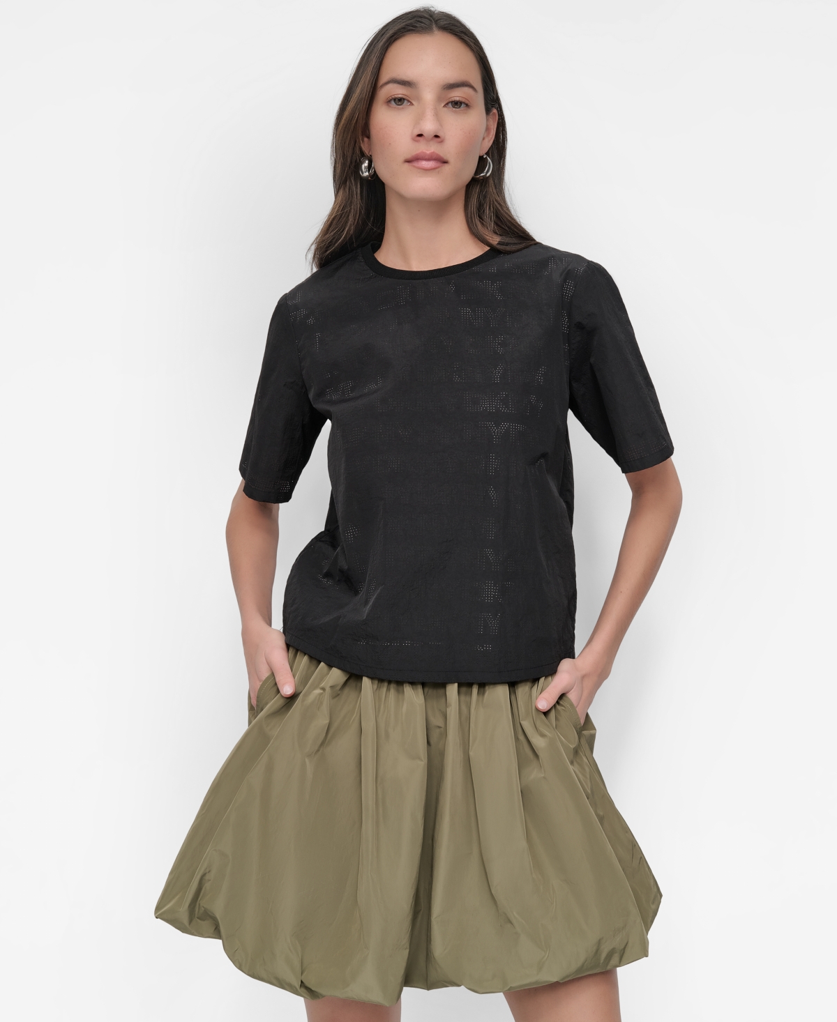 Dkny Peforated Logo Boxy Nylon T-shirt In Black