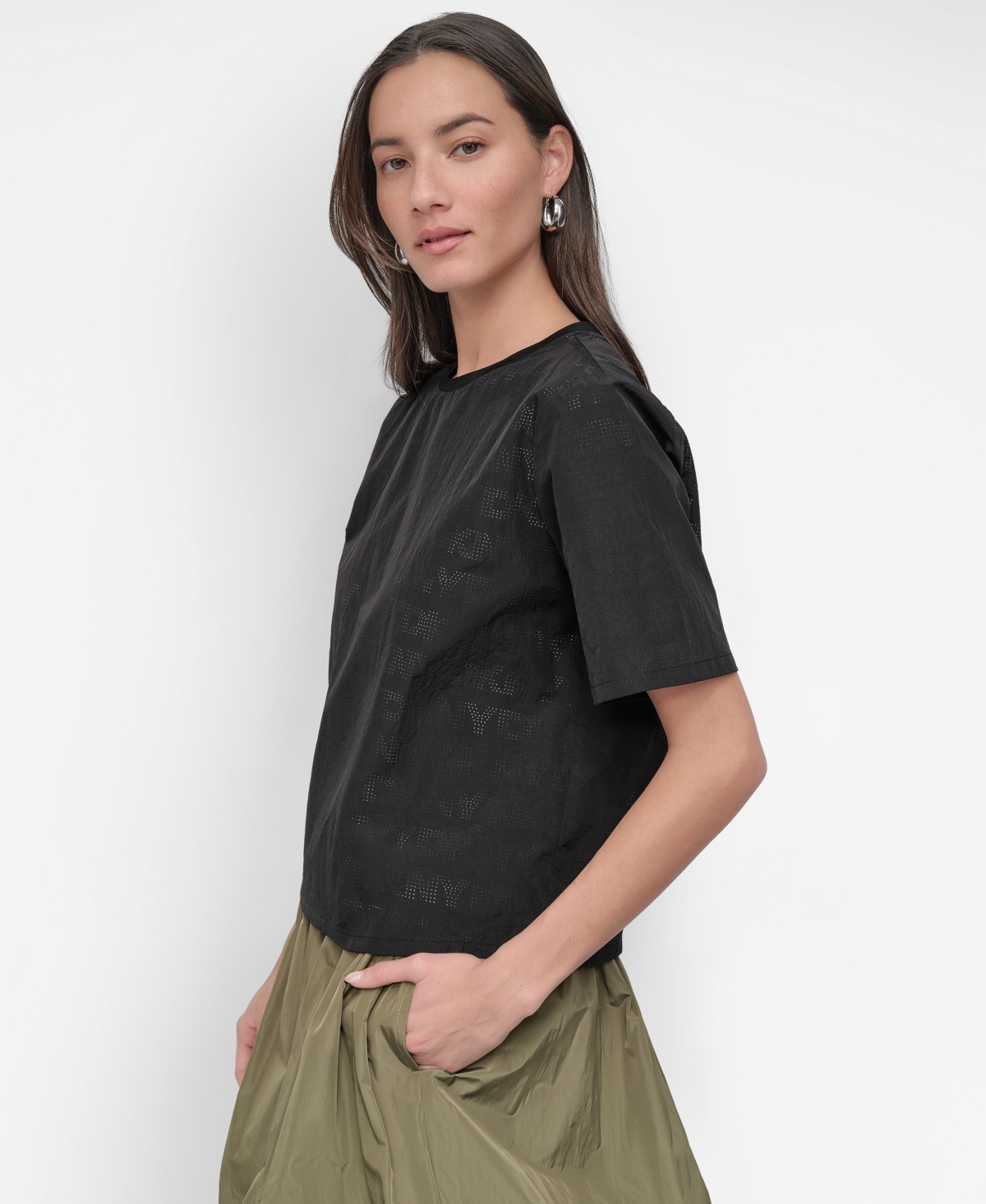 Dkny Peforated Logo Boxy Nylon T-shirt In Black