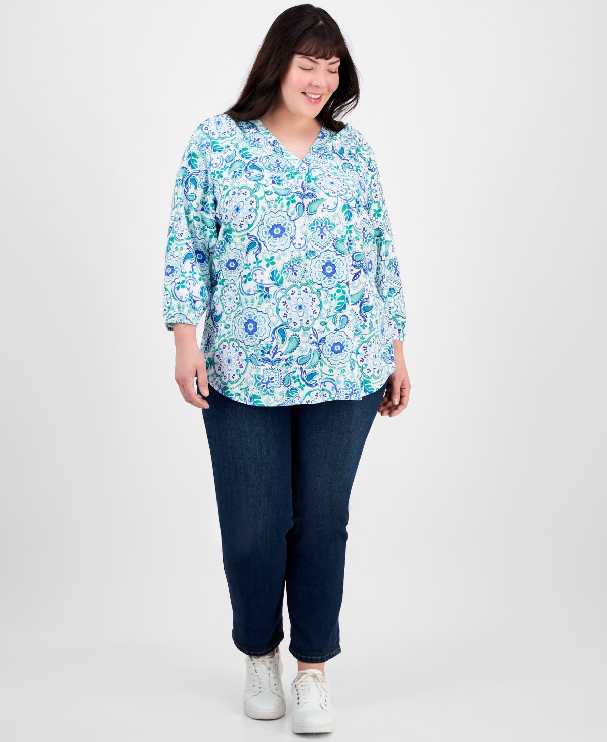 Jones New York Plus Size Floral-print Linen-blend Tunic In Aqua Wave Multi