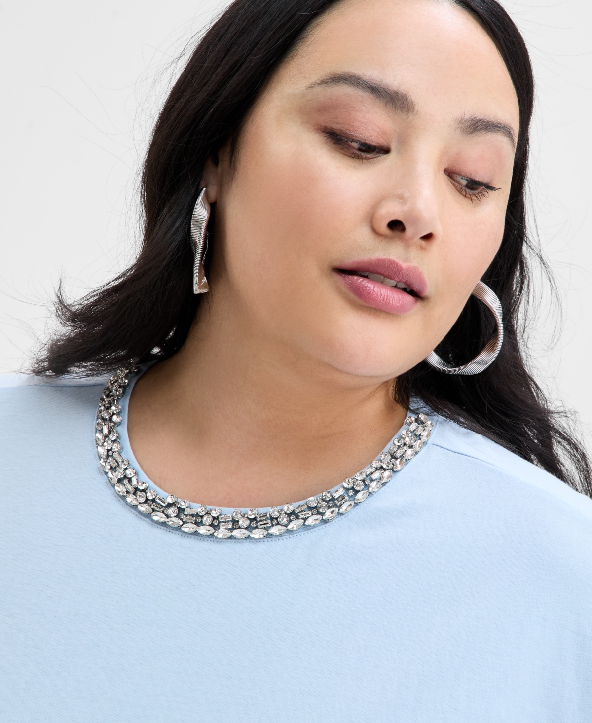 Inc International Concepts Plus Size Embellished-neck Cotton T-shirt, Exclusively At Macy's In Frozen Blue