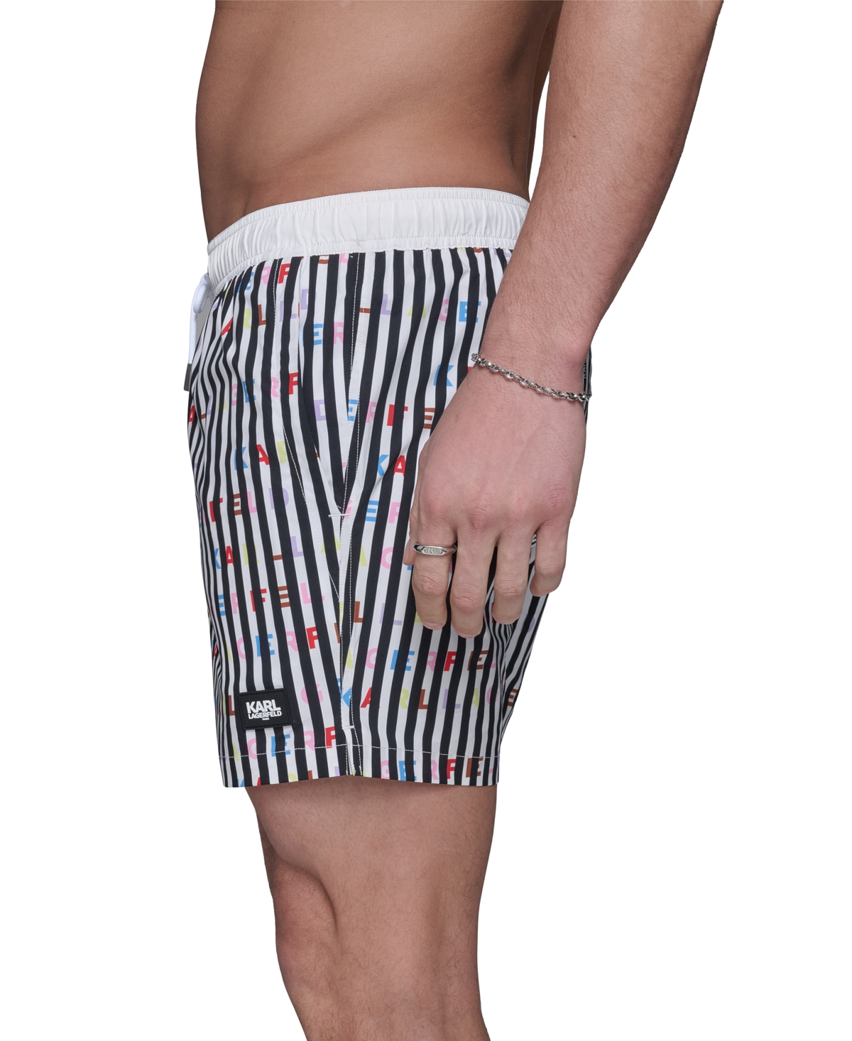 Karl Lagerfeld Men's Regular-fit Quick-dry 5" Swim Trunks With Boxer Brief Liner In Stripe
