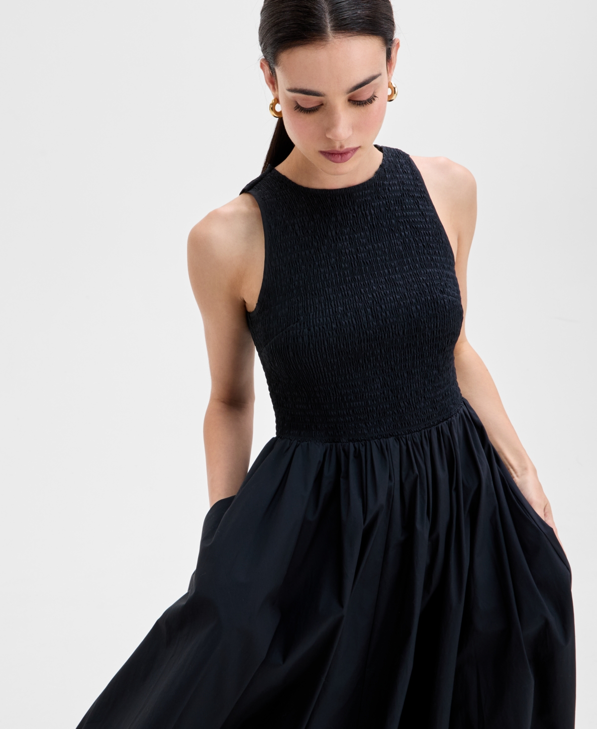 Inc International Concepts Women's Cotton Sleeveless Smocked Maxi Dress, Exclusively For Macy's In Deep Black