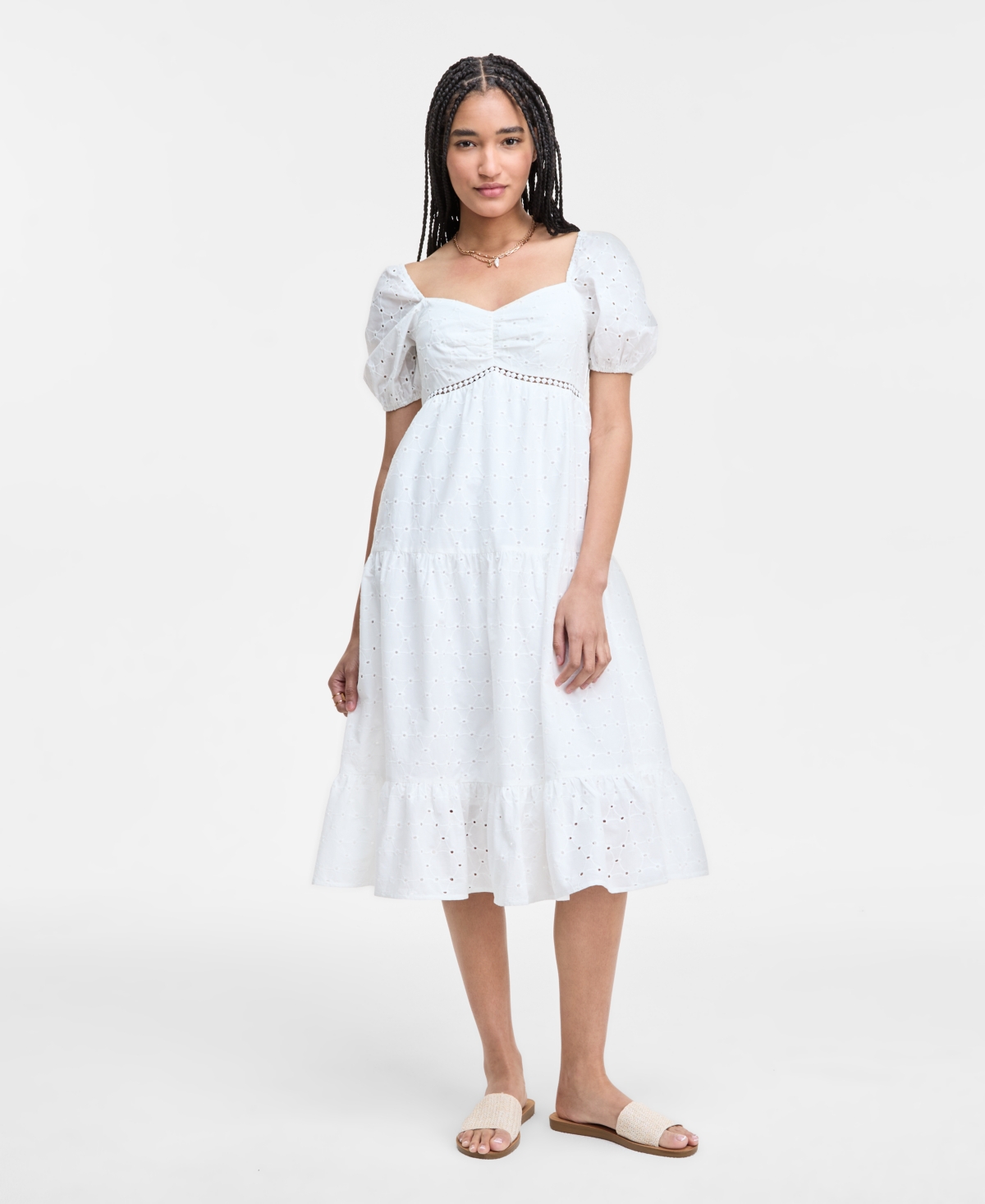 KINGSTON GREY JUNIORS' EYELET PUFF-SLEEVE TIERED MIDI DRESS 