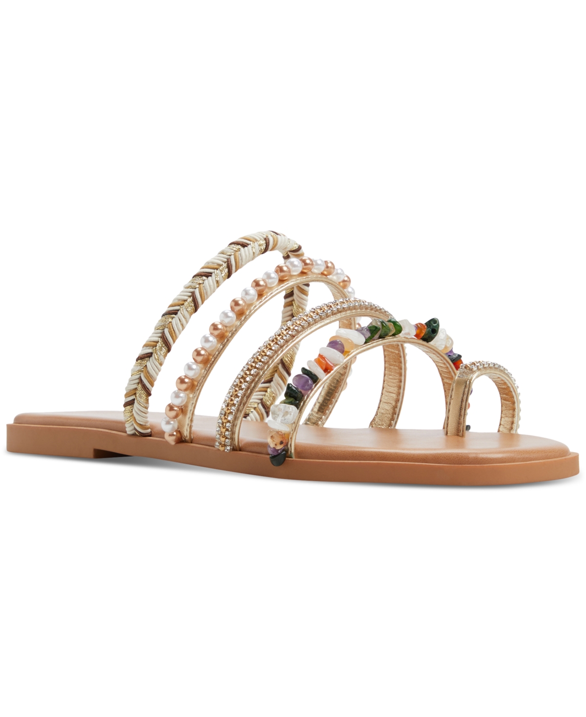 Shop Aldo Women's Lindya Embellished Strappy Toe-loop Flat Sandals In Gold
