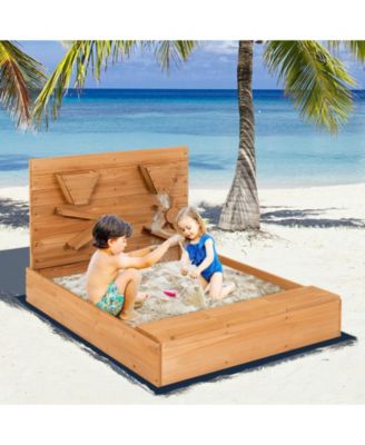 Kids Wooden Square Sandbox with Cover Outdoor Play Area for Sand Play and Protection