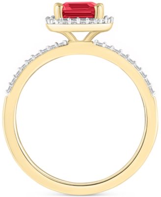 Lab-Created Ruby (2 ct. t.w.) & Lab-Created White Sapphire (1/4 ct. t.w.) Emerald-Cut Halo Ring in 10k Gold (Also in Additional Gemstones)