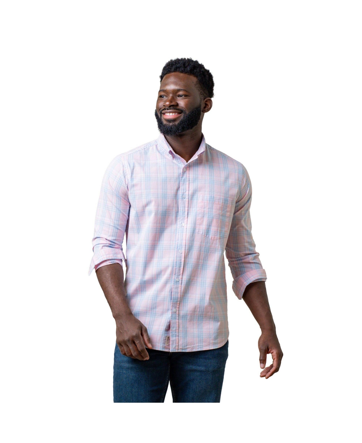 Men's Organic Long Sleeve Stretch Poplin Button Down Shirt - Pink petal plaid