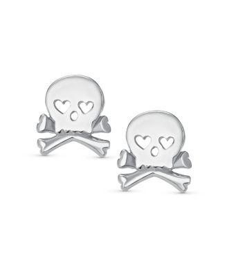 Whimsical Heart Eyes Pirate Skull & Crossbones Stud Earrings Sterling Silver
