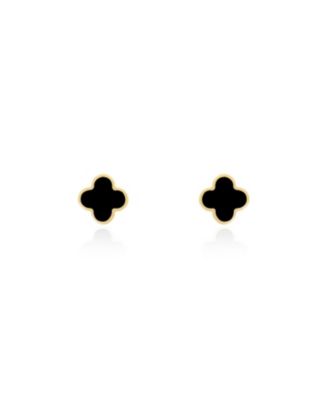 Mini Onyx Clover Stud Earrings 14K Yellow Gold
