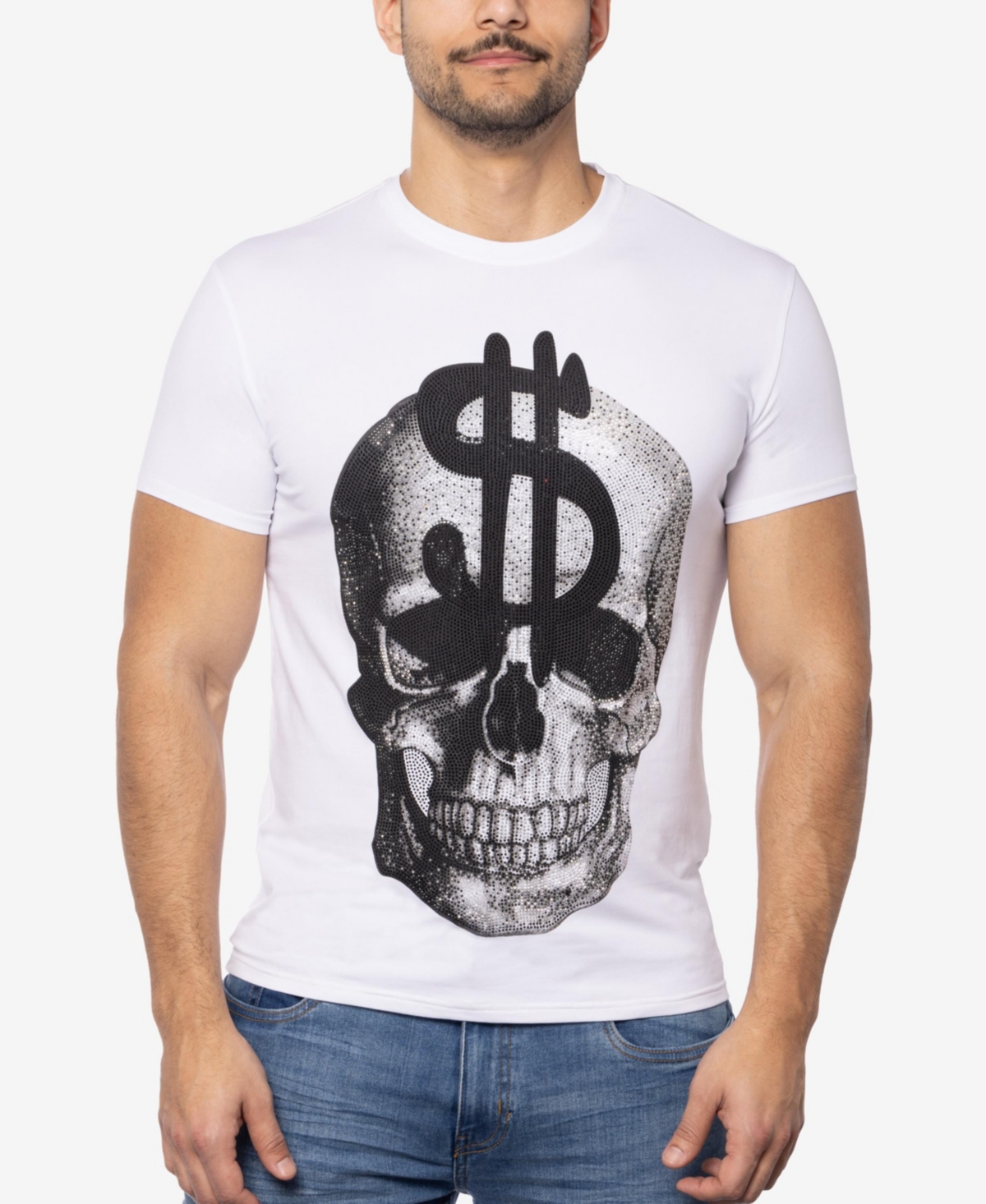 Men's Skull With $ Dollar Sign Rhinestone Graphic T-Shirts - White