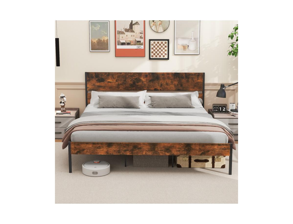 Metal Bed Frame with Wooden Headboard and Footboard