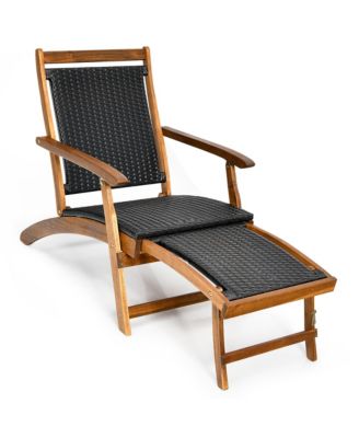 2PCS Patio Folding Rattan Lounge Chair Wood Frame Retractable Footrest