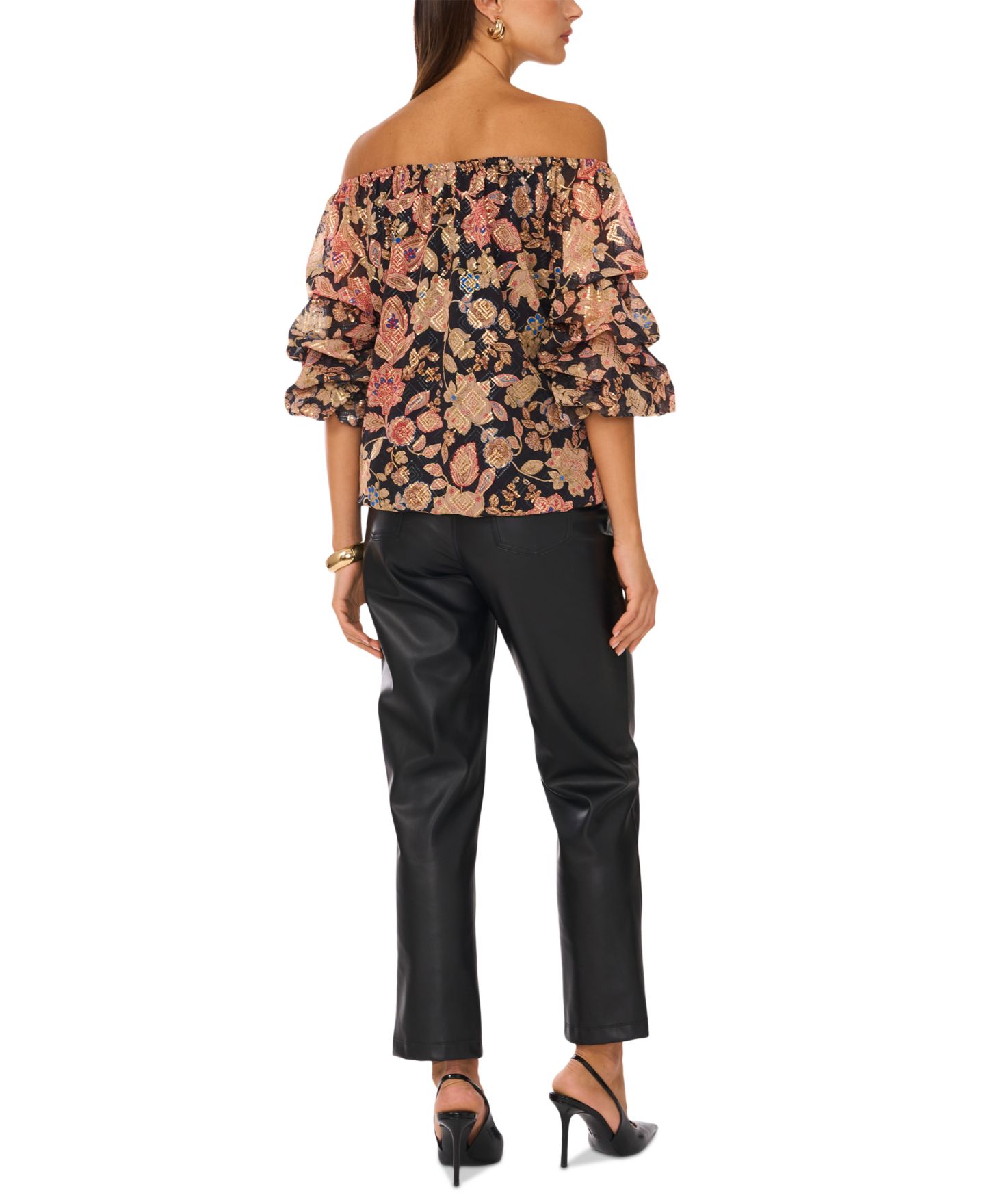 Женская блузка Vince Camuto Floral Off-The-Shoulder Bubble 3/4-Sleeve Tie-Front, цвет: Насыщенный чёрный — фото 4