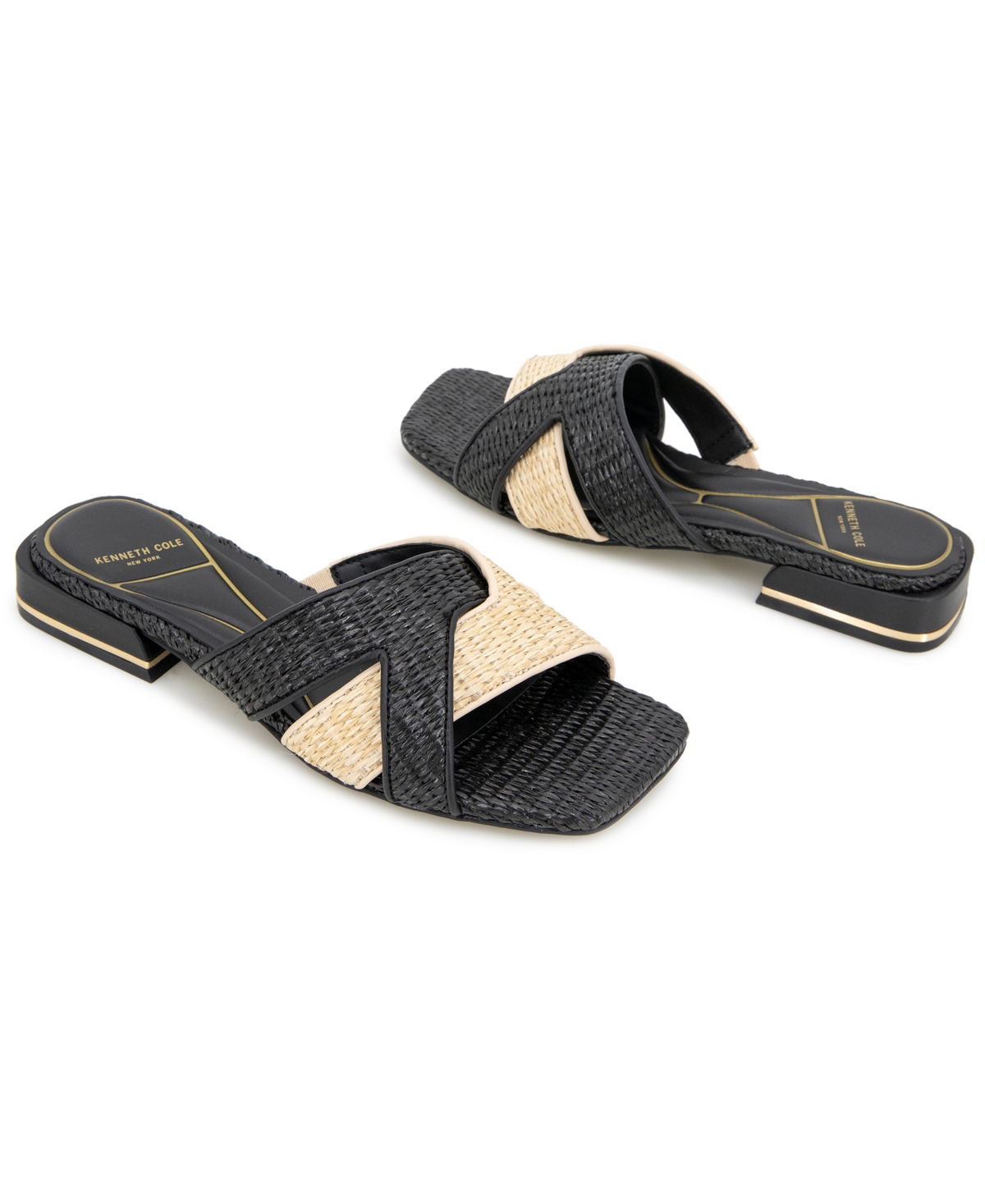 Kenneth Cole New York Women's Issa Square Toe Flat Sandals In Natural,black Raffia