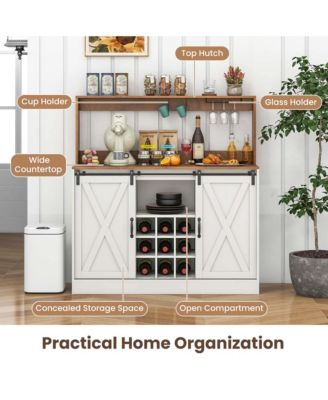 47.5" Farmhouse Coffee Bar Cabinet with Charging Station Glass Cup Holders Hutch