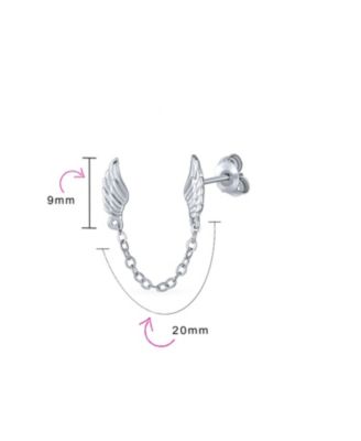 Delicate Angel Wing Feather Stud Earrings with Chain, Sterling Silver, Double Piercing