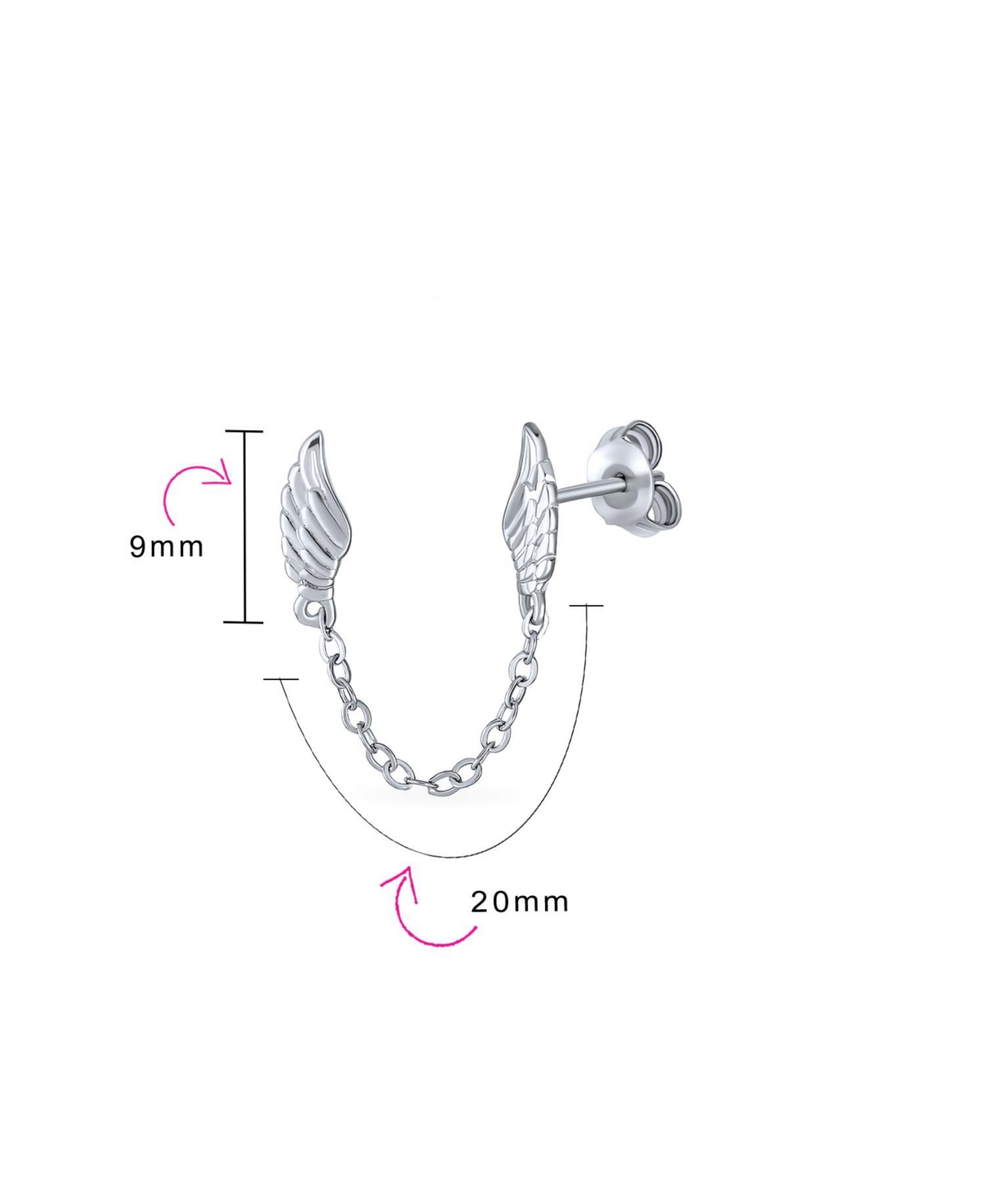 Bling Jewelry Delicate Angel Wing Feather Stud Earrings with Chain, Sterling Silver, Double Piercing